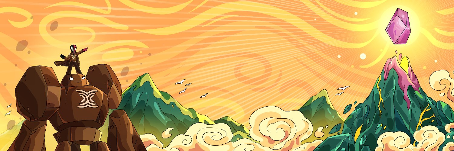 Banner from my X profile: a small Venom and Spider-Man figure standing on a stone golem marked with the Seismic logo, pointing at a glowing crystal above a volcano